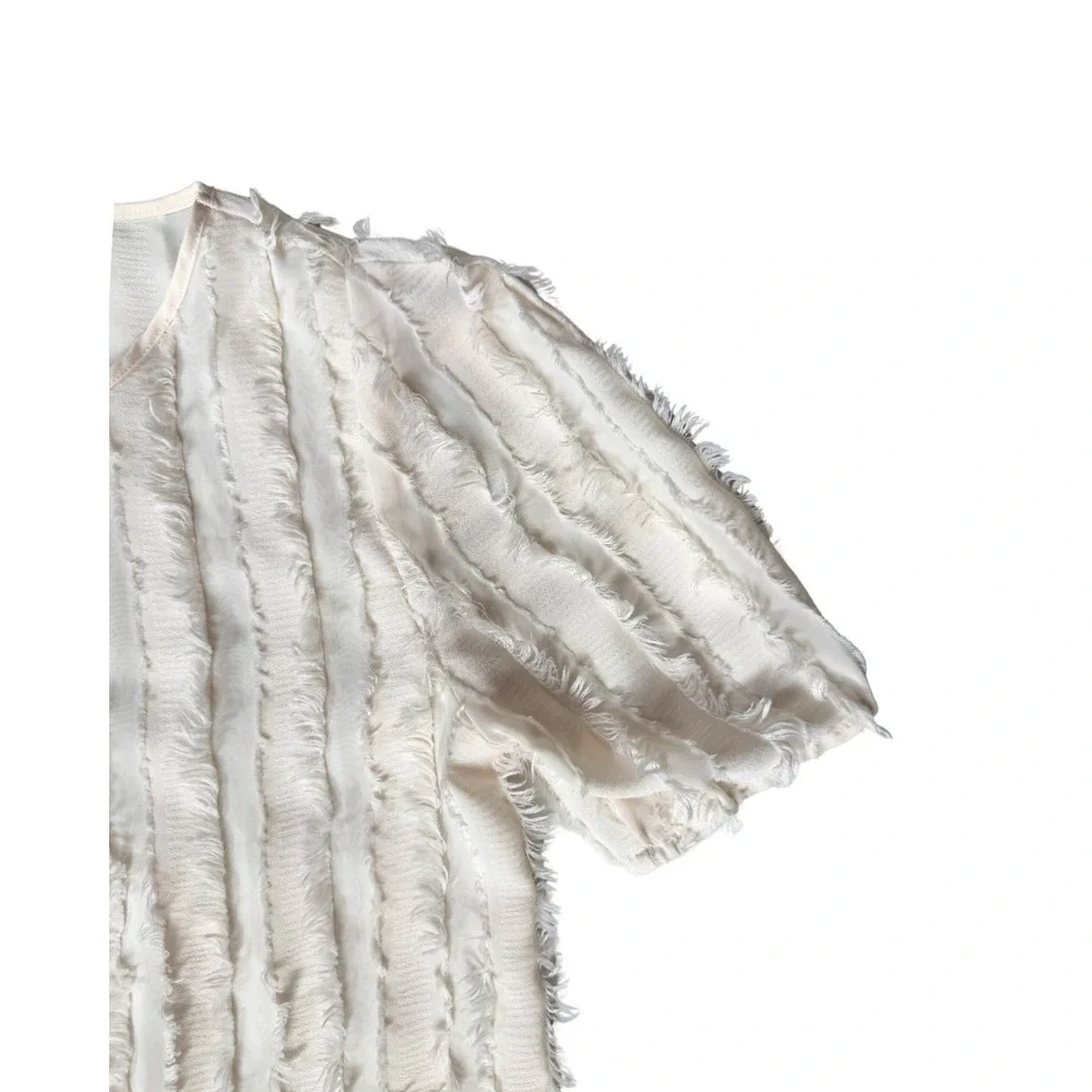 Zara Women Cream Textured Fringe Puff Sleeve Blouse Round Neck Off White Medium